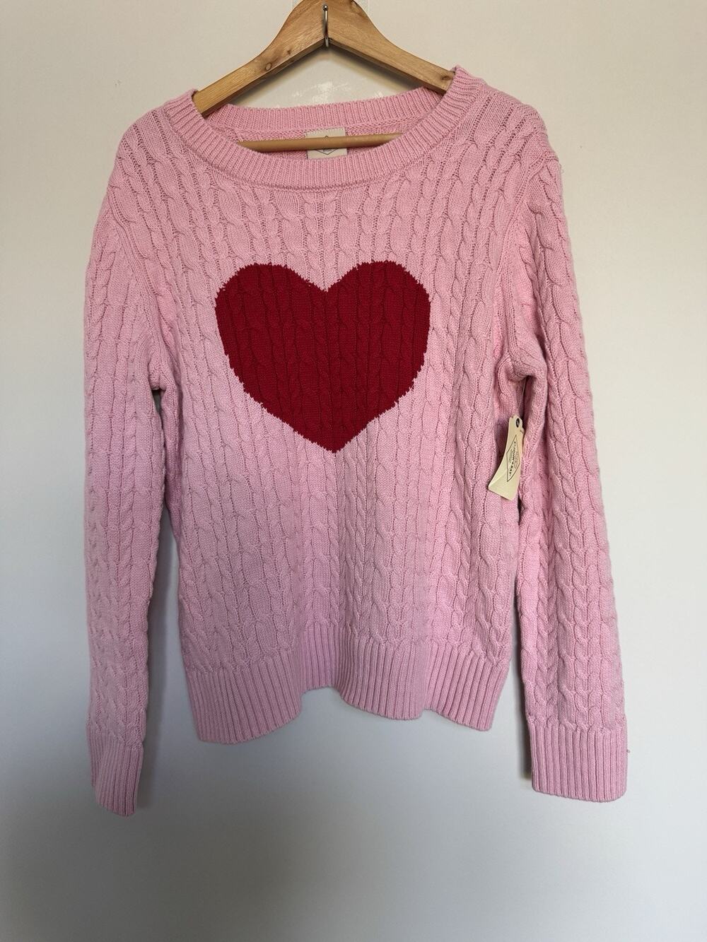 NWT St. John's Bay Women's Pink Cable Knit Heart Pullover Crewneck Petite Size L